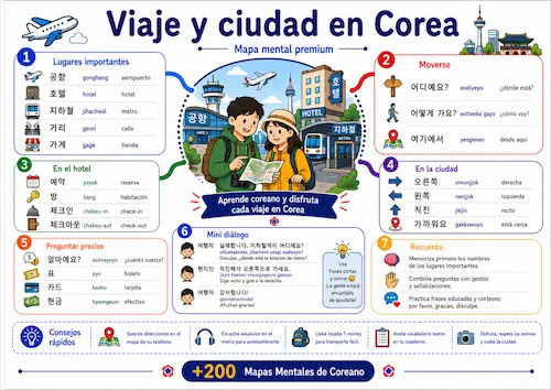 Muestra del mapa mental Viaje y ciudad en Corea