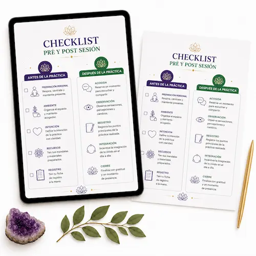 Checklist previo y posterior a la sesión para prácticas energéticas