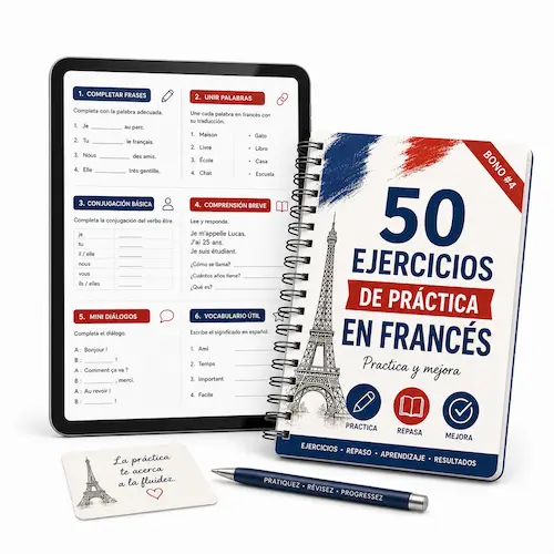 50 Ejercicios de Práctica en Francés en tablet y cuaderno